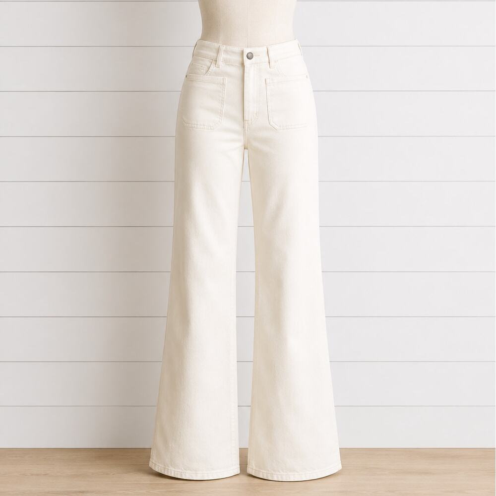 J Crew Vintage Flare Jeans Ecru White Cream Patch Pockets Semi Stretch Preppy 27